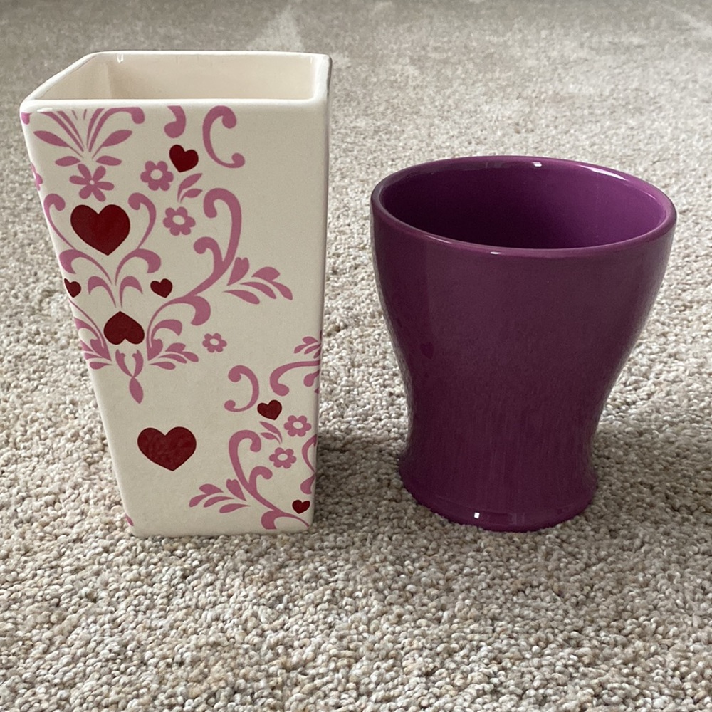 Red Hearts and Solid Purple Ceramic Vases (2)